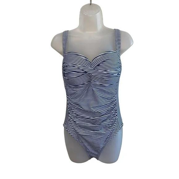 One Piece Niptuck Striped Swimsuit: Navy & White Nautical Beach Coastal Size 10 - Picture 8 of 12